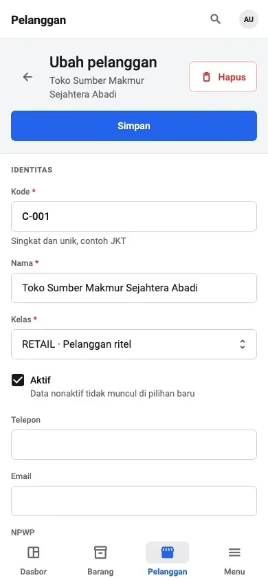 Formulir pelanggan di ponsel