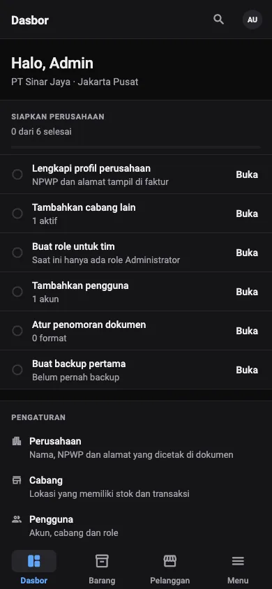 Dasbor ERP mode gelap di ponsel