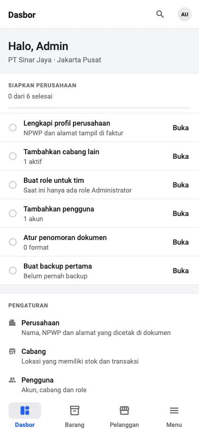 Dasbor ERP yang sama di ponsel