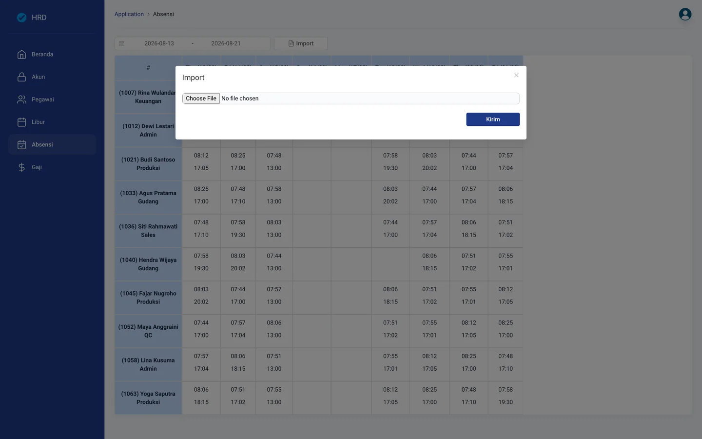 Dialog impor file Excel dari mesin absensi