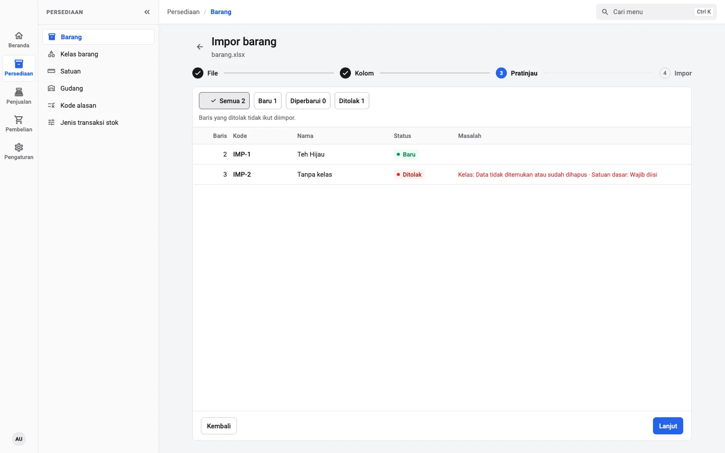 Pratinjau impor Excel di desktop: satu baris baru siap diimpor, satu baris ditolak beserta alasannya
