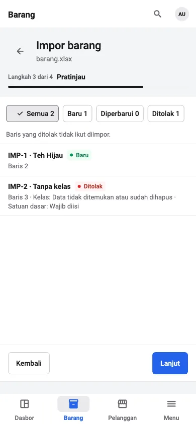 Pratinjau impor Excel di ponsel