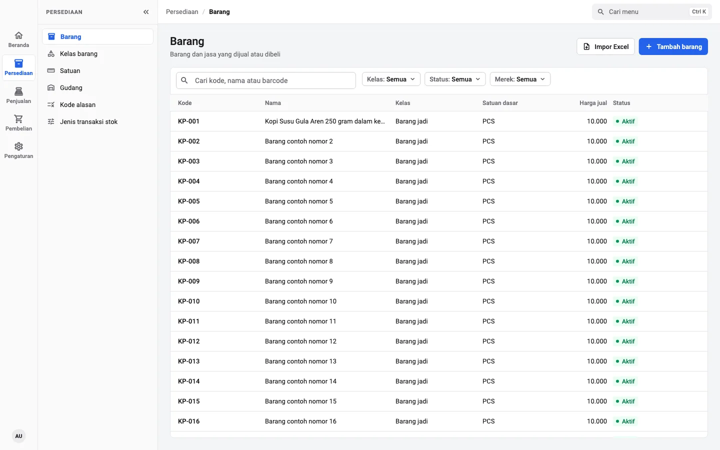 Daftar barang di desktop dengan pencarian, filter kelas, status, dan merek, serta harga jual