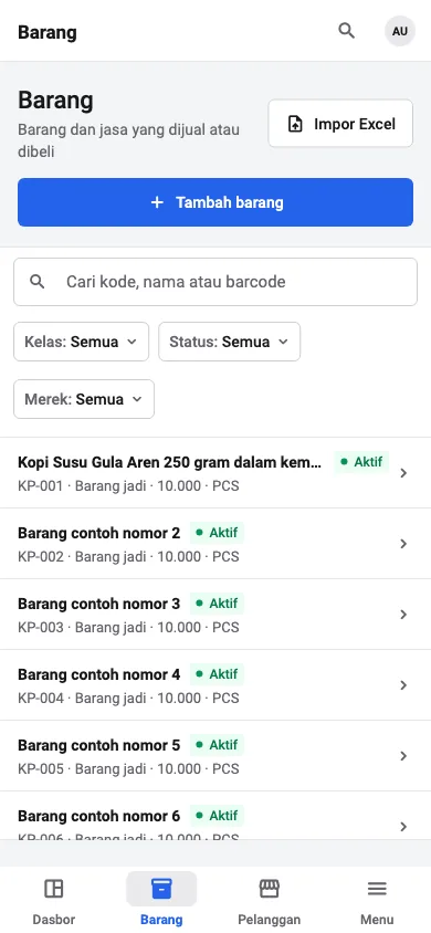 Daftar barang di ponsel dengan navigasi bawah