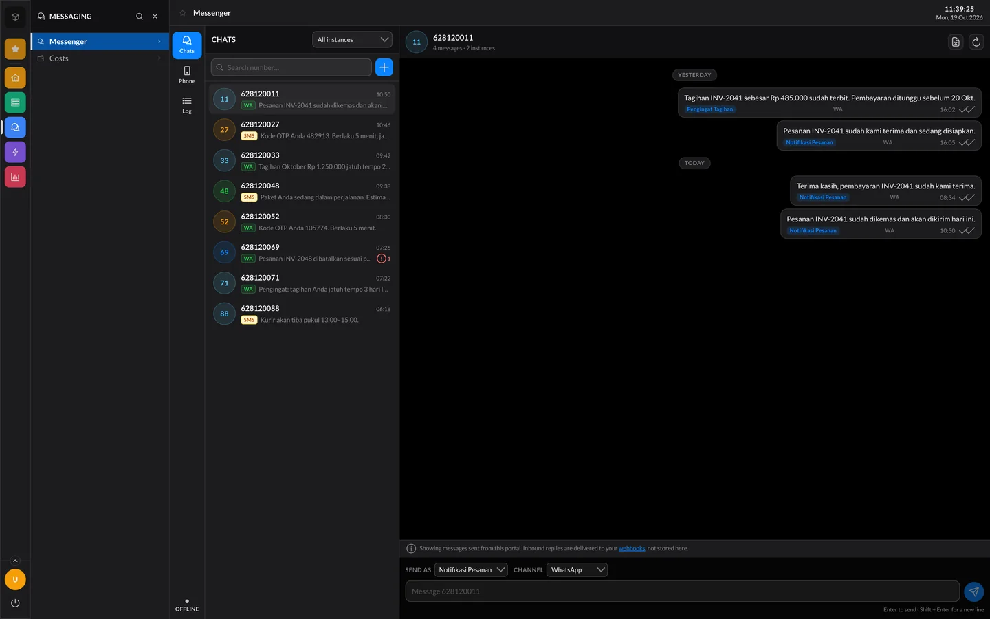 Tampilan chat untuk mengirim dan melihat percakapan per nomor